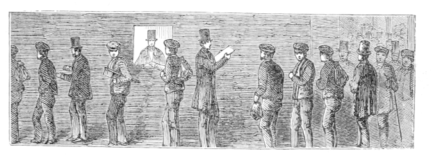 Schwarz-weißes Gravurbild von Menschen in einer Reihe, einer hält ein Papier mit einer Wahlkabine darstellend, was eine Wahldarstellung anzeigt.