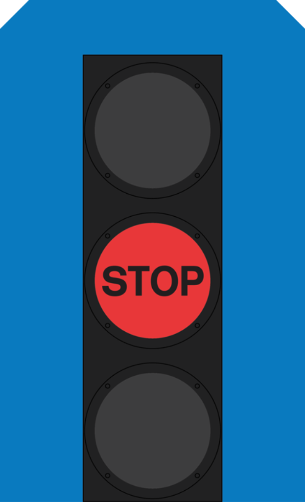 Eine Ampel mit einem roten Stoppschild auf blauem Hintergrund.