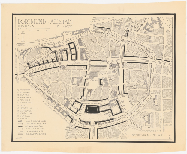 Detailiertes altes Stadtplan von Dortmund, Deutschland, zeigt Straßen, Gebäude, Sehenswürdigkeiten und Text mit Bevölkerungs- und Standortinformationen auf einem weißen Hintergrund.