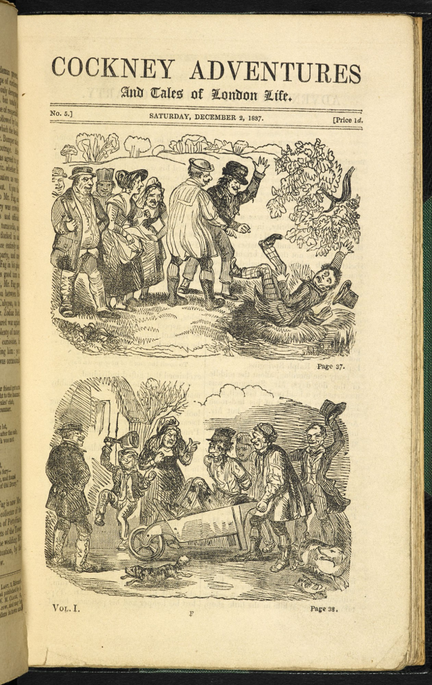 Offenes Buch mit einer Zeichnung von verschiedenen Menschen auf einer Seite, das auf einer flachen Oberfläche liegt und sichtbarer Text zu sehen ist.