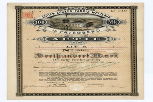 Altes deutsches Aktienzertifikat mit einer Gebäude-Illustration und Text, der wahrscheinlich den aktiven Status angibt.