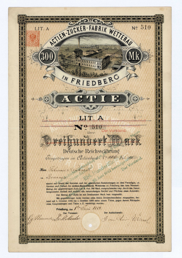 Altes deutsches Aktienzertifikat mit einer Gebäude-Illustration und Text, der wahrscheinlich den aktiven Status angibt.