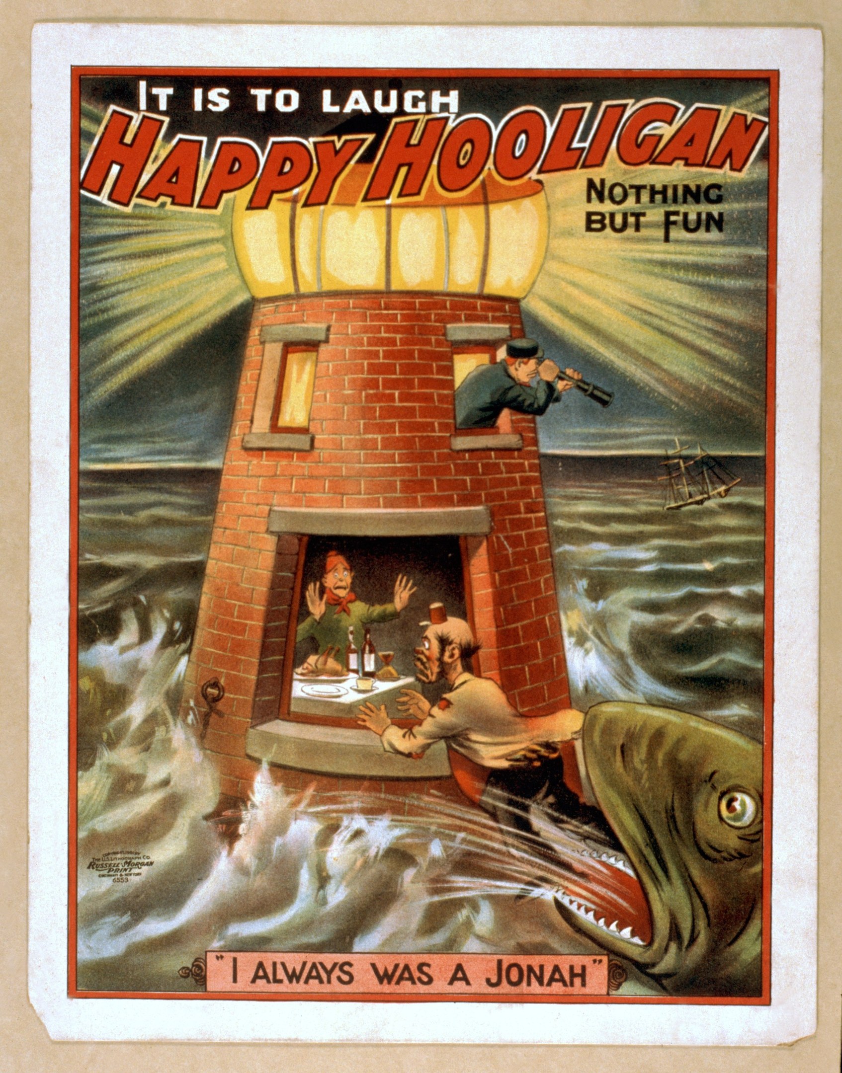 Plakat mit einem Leuchtturm in der Mitte, umgeben von Menschen, einem Fisch und Wasser, mit der Aufschrift "Es ist zum Lachen, fröhlicher Rowdy, nichts als Spaß" oben und unten.