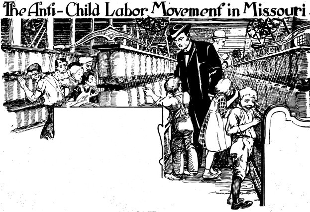 Plakat mit der Aufschrift "Die Anti-Kinderarbeit-Bewegung in Missouri" zeigt eine Gruppe von Menschen in traditioneller Kleidung, einige stehen, einige sitzen, mit Ausdrucken von Verzweiflung und Angst.