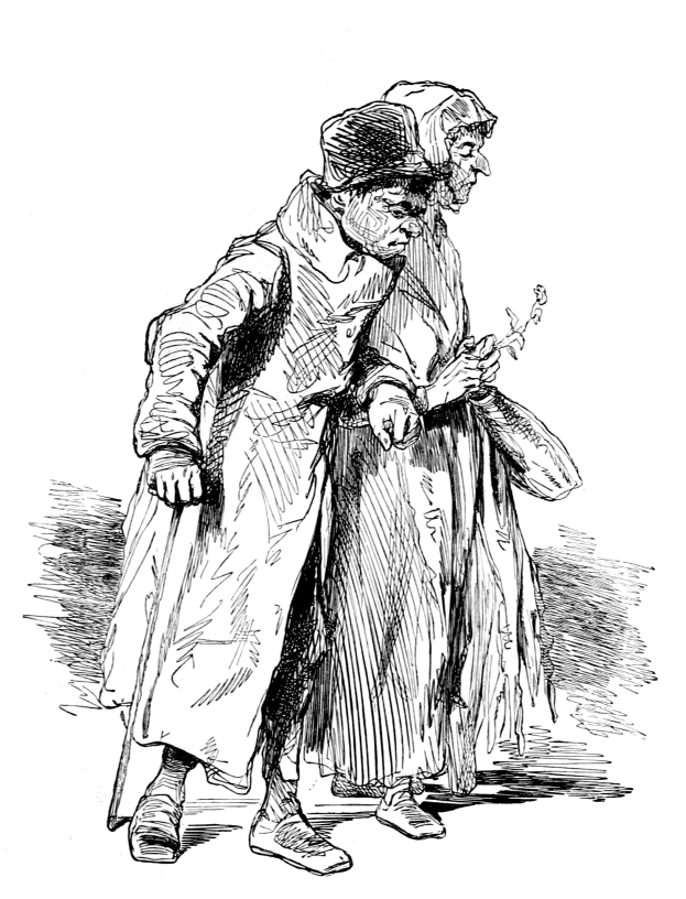 Zwei ältere Personen, ein Mann mit Hut und eine Frau mit einem Gegenstand in der Hand, gehen auf einer Straße in einem Schwarz-Weiß-Foto.