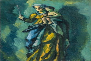 Ein Bild namens 'Mutter und Kind' von Henri Matisse, das eine Frau in einem langen, wallenden Kleid zeigt, die ein Kind hält, beide mit sanften Gesichtern, vor einem grünen Hintergrund.