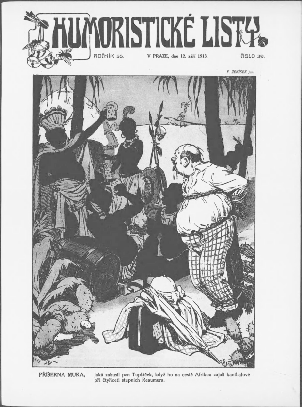 Eine Schwarz-Weiß-Zeichnung einer Gruppe von Menschen im Dschungel mit Bäumen im Hintergrund, mit Text oben und unten: "Humoristické Listy - V Praze, 12. April 1913".