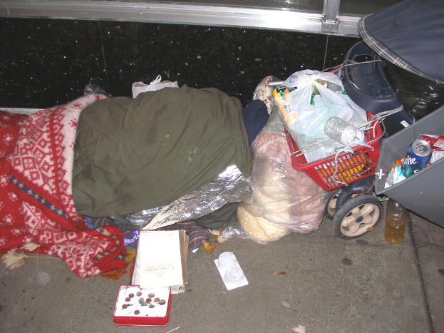 Ein Einkaufswagen, Karton, Dose, Papiere und andere Gegenstände, die in eine Hülle eingewickelt sind, mit Kleidung, einem Fußweg und einer Wand im Hintergrund.