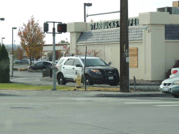 Fahrzeuge auf einer Straße mit Gebäuden, Straßenlaternen, einer am Mast angebrachten Tafel, einem Feuerhydranten, Bäumen, Gras und Himmel.