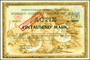 Ein gerahmtes deutsches Bankzertifikat mit einem ernst dreinblickenden Mann in Anzug und Krawatte, auf dem Text und ein Stempel zu erkennen sind.