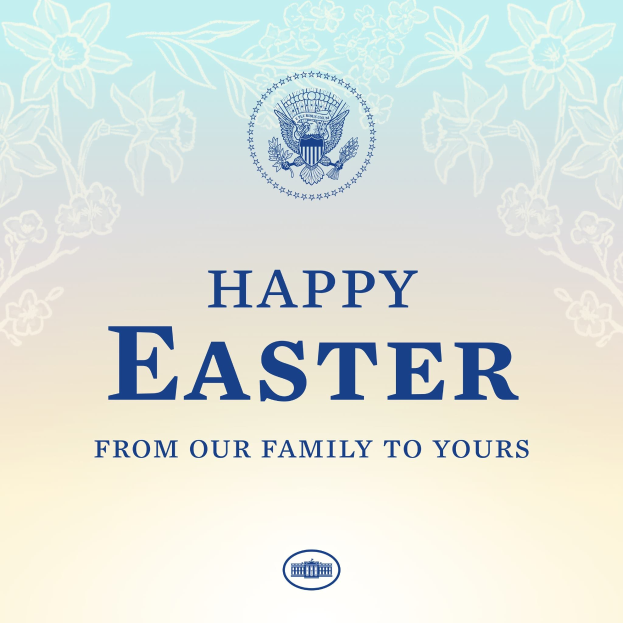 Plakat mit "Frohe Ostern von unserer Familie für die deine" in festlicher Schrift, mit Logo des US-Ministeriums für Innere Sicherheit und bunten Ostereiern, Hasen und anderen festlichen Elementen.