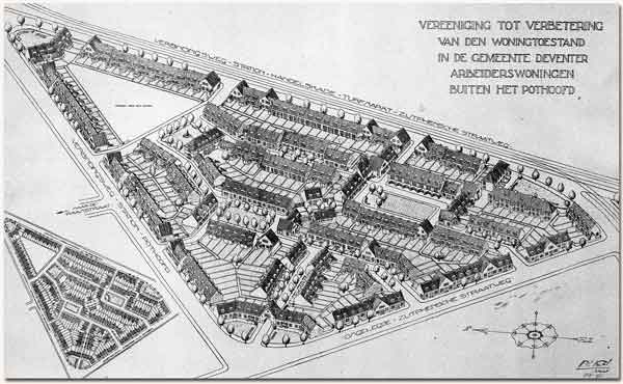 Eine Schwarz-Weiß-Zeichnung eines Stadtplans mit zahlreichen Gebäuden, darunter wahrscheinlich ein Rathaus, mit Textbeschriftungen.