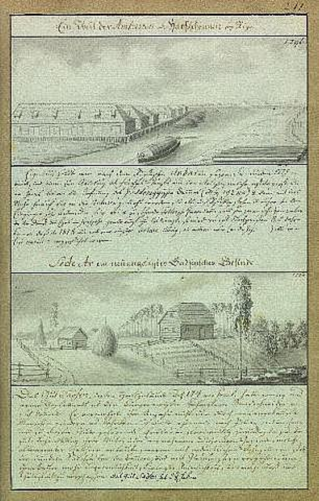Eine alte Buchseite mit einer 17. Jahrhundert-Stadtansicht-Illustration eines Bahnhofs im Bau, umgeben von Text und Bildern von Häusern, Bäumen und anderen Gegenständen.