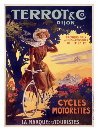 Ein Plakat, das eine Radtour in Frankreich ankündigt und eine Frau auf einem Fahrrad zeigt, die von Bäumen, Blumen und anderen Menschen umgeben ist.