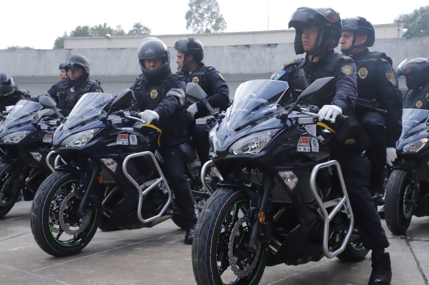 Polizeibeamte in schwarzen Uniformen und Helmen auf Motorrädern in einer Parkanlage mit Bäumen und einem klaren blauen Himmel im Hintergrund.