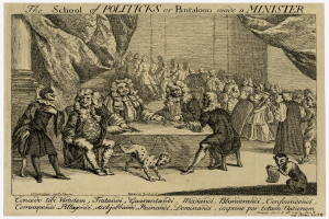 Ein Plakat mit einer Zeichnung von Menschen in bunten Kleidern, die um einen Tisch mit einem Hund in der Mitte sitzen, und Text oben und unten mit der Aufschrift "Die Schule der Politik oder Pantaloon machte einen Minister."