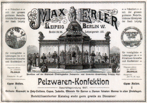 Eine Werbeanzeige für Max Erler Leipzig in Berlin, Deutschland, die eine Gruppe von Menschen vor einem Gebäude mit Text zeigt, der ein Ereignis ankündigt.