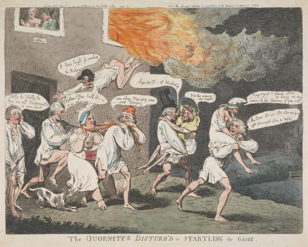 Eine Karikatur auf einem Blatt zeigt eine Gruppe verängstigter Menschen, die vor einem Feuer fliehen, mit einem Hund im Vordergrund, der zu ihnen aufschaut; der Text lautet "Die Quorniten Gestört oder Das Spiel beginnt" in fetter Schrift.