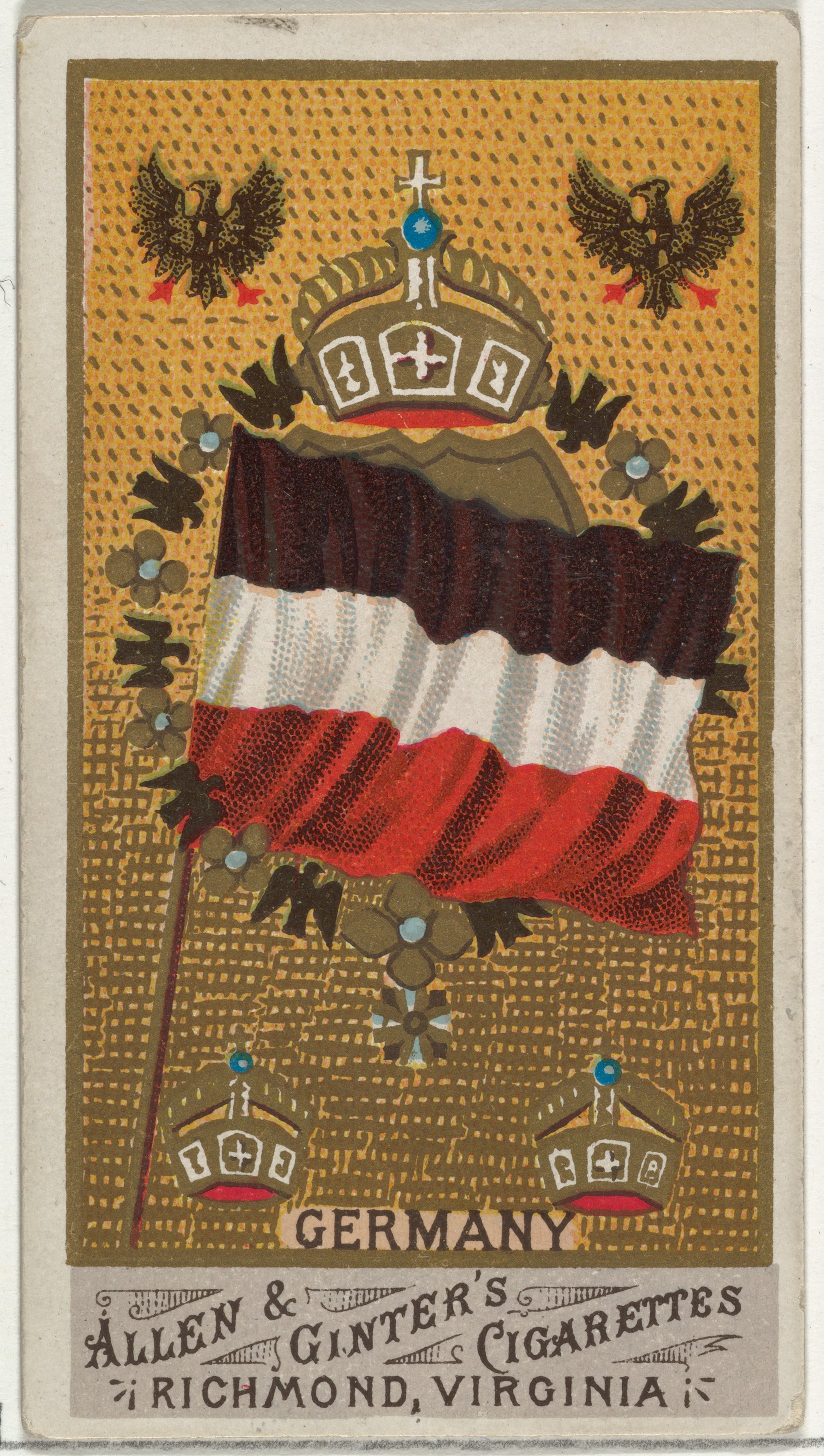 Eine alte Zigarettenkarte mit einer deutschen Flagge mit drei roten, weißen und blauen senkrechten Streifen und einem weißen Kreuz in der Mitte, mit der Aufschrift "Deutsch" in fetter schwarzer Schrift.