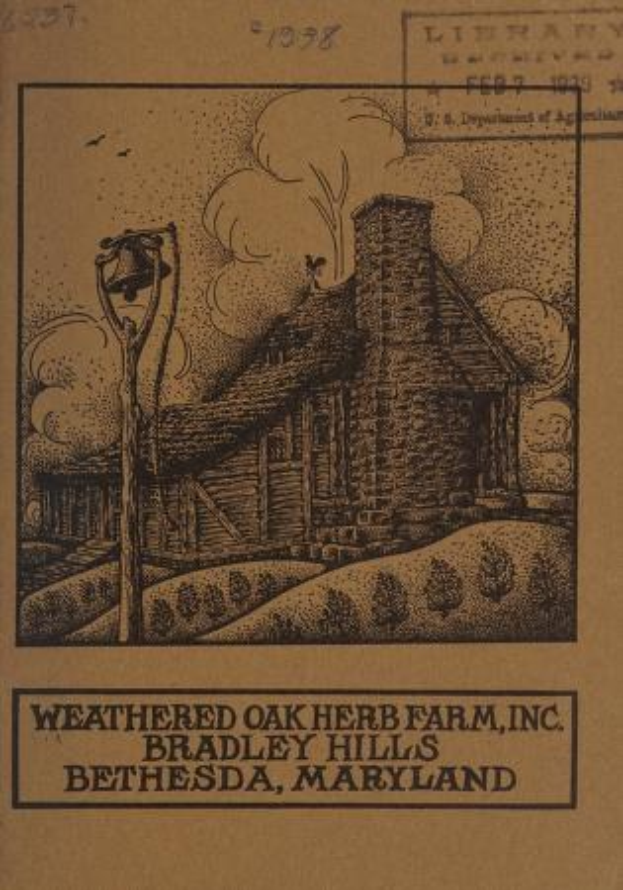 Alter Buchumschlag mit der Aufschrift "Weathered Oak Herb Farm, Inc." und einer Illustration eines verwitterten Eichenkrautfarms in Bradley Hills, Bethesda, Maryland, umgeben von grünem Gras und fliegenden Vögeln.