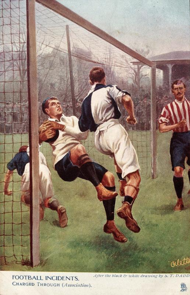 Ein Gemälde von Männern, die Fußball auf einem Feld mit einem Netz, Bäumen, einem Gebäude und einem klaren blauen Himmel im Hintergrund spielen, mit dem Text "Fußballvorfälle durch Verband angeklagt" unten.