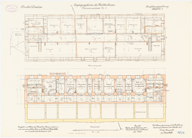 Ein detaillierter Grundrissplan des Stadtplatz-Gebäudes in Dresden, Deutschland, mit zahlreichen Zimmern, Anmerkungen und Texten, die den Aufbau beschreiben.