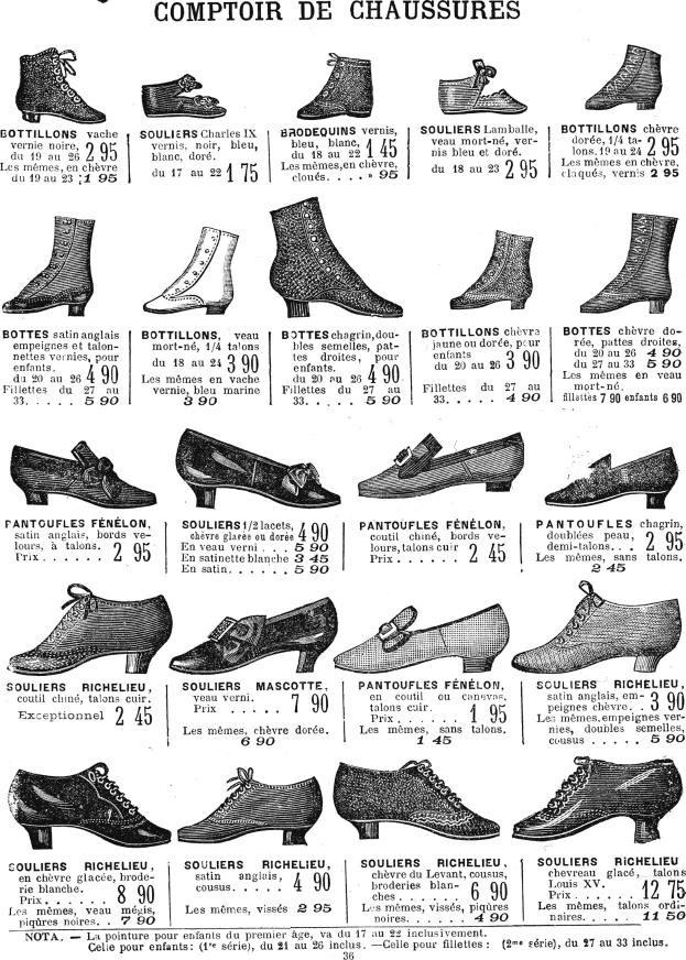Eine Buchseite mit verschiedenen Damenschuhen in einzigartigen Designs, Preisschildern und detaillierten Beschreibungen der Größe, Form und Farbe, die ordentlich angeordnet sind.