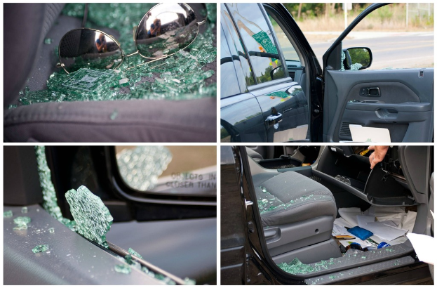Eine Collage aus vier Bildern: eine Brille auf Glasscherben, eine Autosicht, ein zerbrochenes Autofenster und ein Autositz voller Glasscherben.