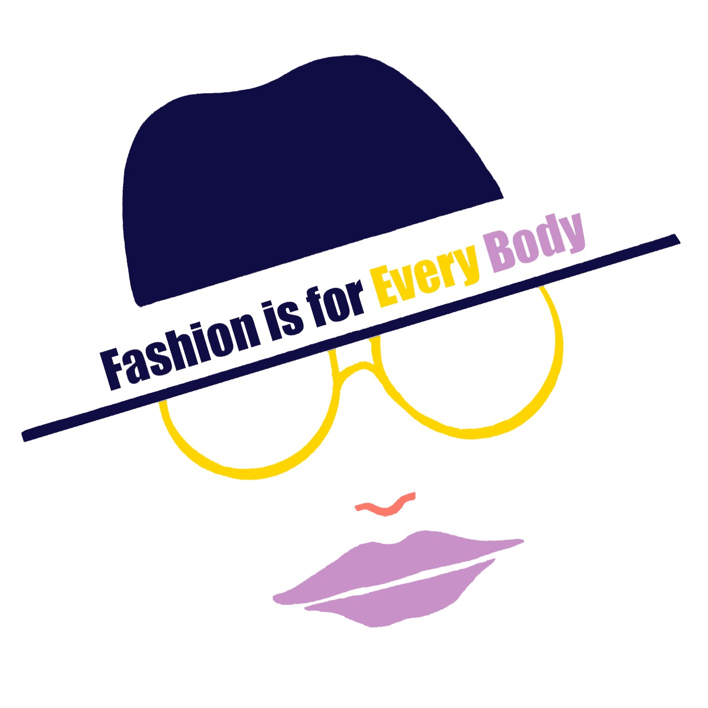 Logo mit einem stilisierten Gesicht und dem Text "Fashion is for Every Body", das die Inklusivität in der Mode betont.