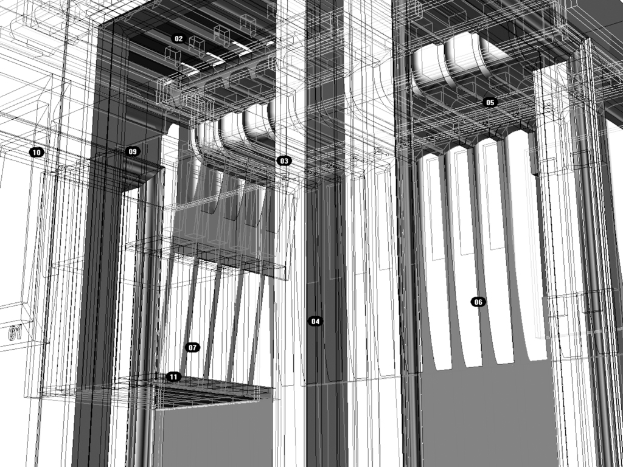 Eine Schwarz-Weiß-Digitalkunst-Darstellung eines Gebäudes in architectural design.