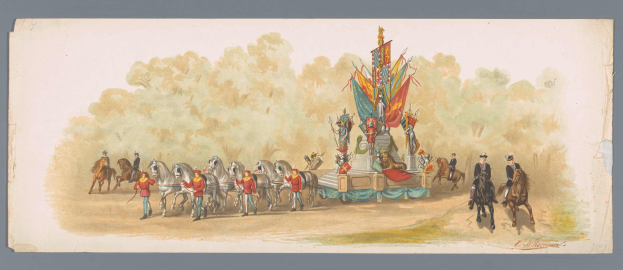 Ein Gemälde, das einen Karnevals-Umzug mit Menschen in bunten Kostümen zeigt, die auf Pferden vor einem geschmückten Wagen reiten, vor einem Hintergrund aus Bäumen und einem klaren blauen Himmel.