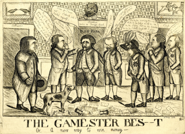 Eine historische Illustration namens 'The Gamester Bes-T oder ein neuer Weg, Geld zu gewinnen', die Menschen beim Spielen mit einem Hund in der Nähe zeigt.