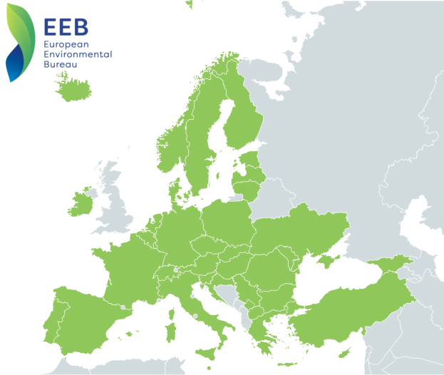 Eine Europakarte mit dem Logo des European Environmental Bureau oben links, in verschiedenen Grüntönen schattiert, um EU-Regionen anzuzeigen.