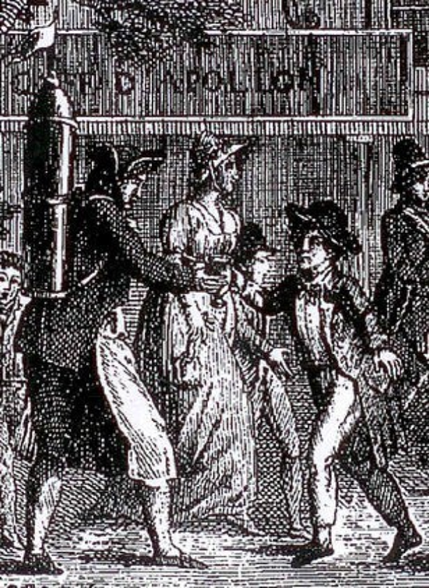 Schwarze und weiße Zeichnung einer Gruppe verängstigter Menschen, die eine Straße entlanglaufen, vorbei an einem Gebäude, mit der Beschriftung "Victorianische Unruhen in London" unten.