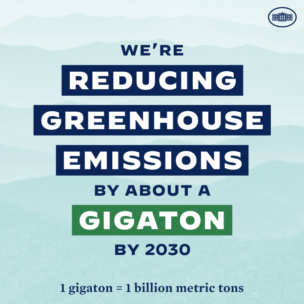 Plakat mit Text und Logo, das besagt: "Wir reduzieren die Treibhausemissionen um etwa eine Gigatonne bis 2030."