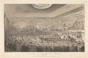 Eine Gravur eines überfüllten Raums mit stehenden und sitzenden Menschen, Fotorahmen an den Wänden und dem Text "Gesellschaft zur Förderung der Künste" unten.