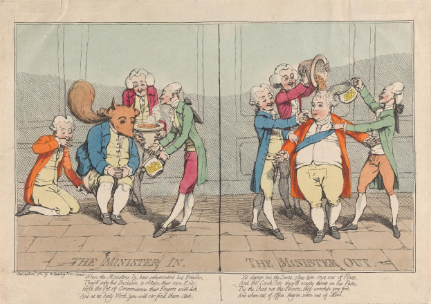 Ein Cartoon auf Papier, der eine Gruppe von Menschen in bunten Kleidern zeigt, einige halten Gegenstände, mit der Aufschrift "Die Ministerin im Minister Out" unten.