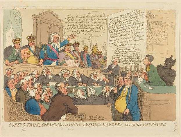 Cartoon-Illustration eines Gerichtssaals mit dem Titel "Boney's Trial, Sentence, and Dying Speech Europe's Injuries Revenged", mit einer zentralen stehenden Figur und einem Tisch mit Gegenständen auf der rechten Seite.