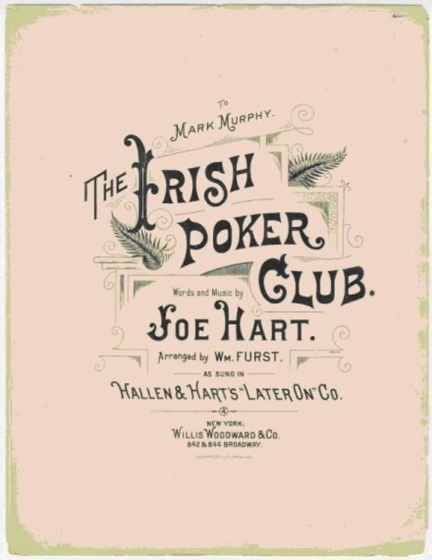 Ein Plakat mit dem Titel "The Irish Poker Club" mit schwarzem Rand, das eine farbige Kleeblatt-Illustration und fetten schwarzen Text enthält.