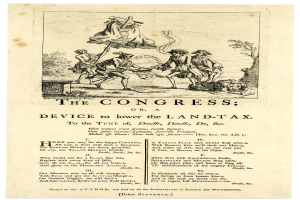 Ein Blatt mit einer Zeichnung einer vielseitigen Gruppe von Menschen in traditioneller Kleidung und dem Text "Der Kongress oder, Gerät zur Senkung der Grundsteuer" in fetter Schrift, umgeben von einem dekorativen Rahmen.