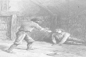 Eine Schwarz-Weiß-Radierung eines Mannes in einer Zelle, mit einem Hut auf dem Boden und einer Wand im Hintergrund. Der Text unten lautet 'Victor Hugo Müller - Der Gefangene'.