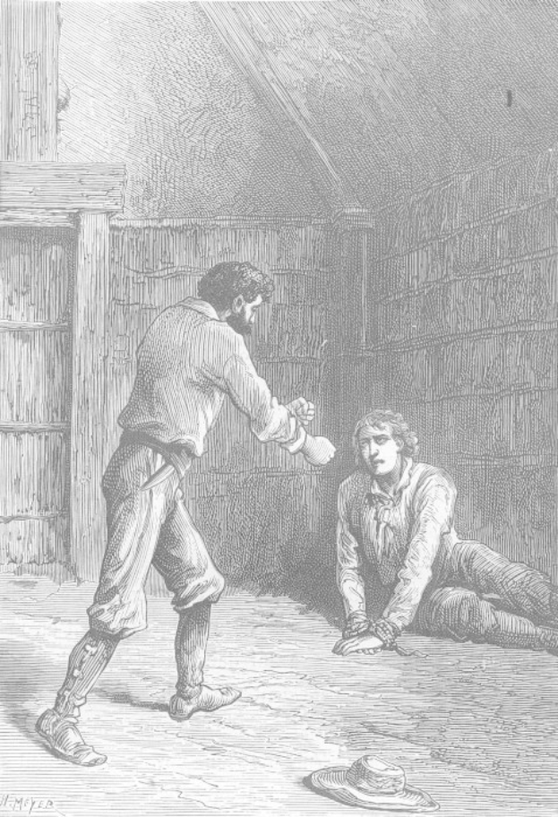 Eine Schwarz-Weiß-Radierung eines Mannes in einer Zelle, mit einem Hut auf dem Boden und einer Wand im Hintergrund. Der Text unten lautet 'Victor Hugo Müller - Der Gefangene'.