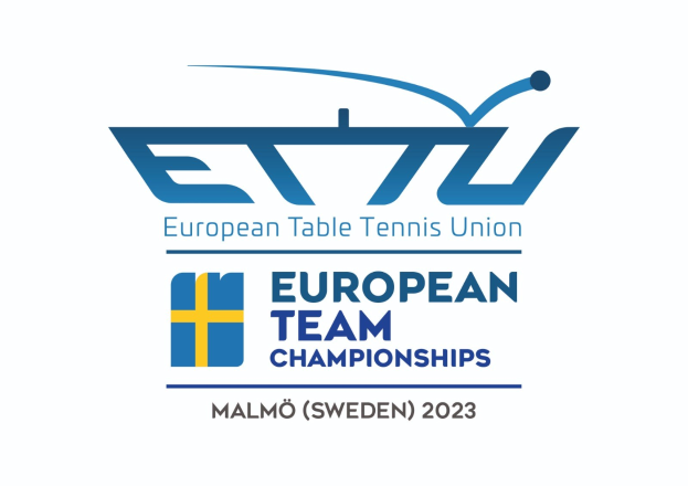 Das Logo der Europäischen Tischtennis-Union (ETTU) mit dem Text "Europäische Mannschaftsmeisterschaften" darunter, das einen blauen Kreis, einen weißen Tennisschläger und einen weißen und blauen Rand in einer fetten schwarzen Schriftart zeigt.