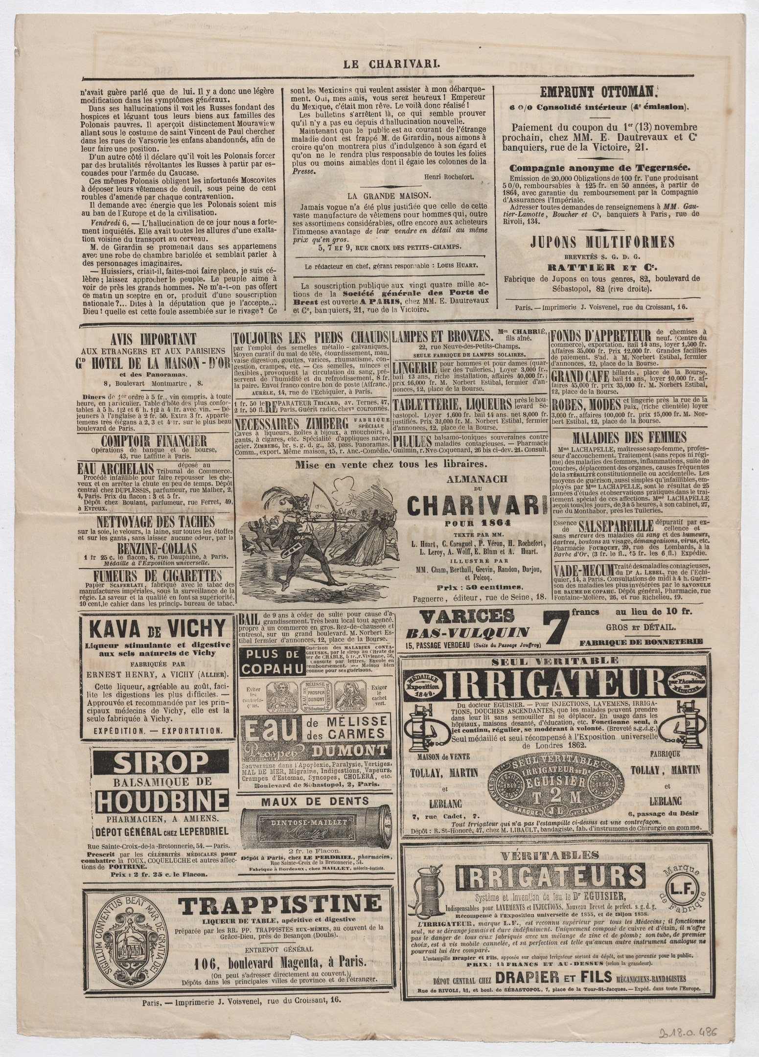 Schwarze Zeitungsseite mit mehreren Anzeigen mit Text und Bildern.