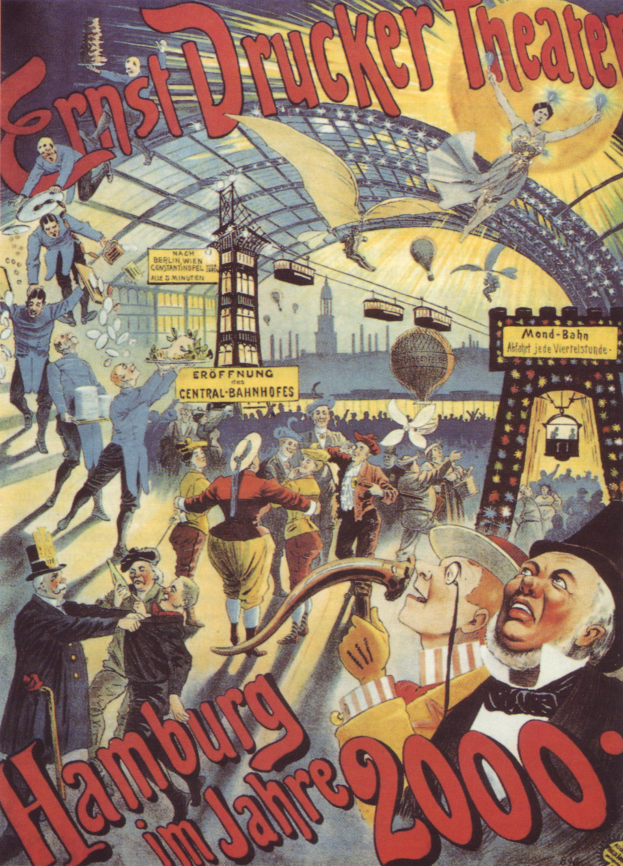 Ein Plakat für das Ernst-Drucker-Theater in Hamburg, Deutschland, das eine Gruppe von Menschen und den Text "Hamburg im Jahre 2000" zeigt.