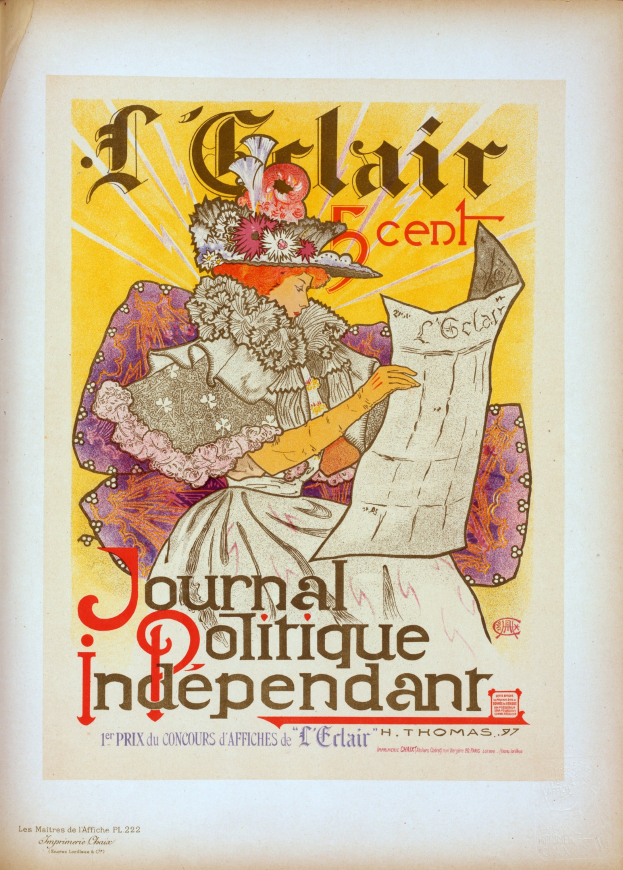 Ein Buchumschlag mit einer Frau in einem weißen Kleid mit einem Dutt, die eine Zeitung liest und ein Stück Papier hält, mit der Aufschrift "Journal Politique Indépendant".