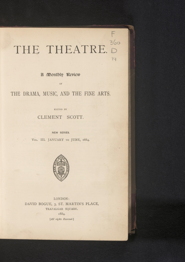 Offenes Buch mit dem Titel "The Theatre: A Monthly Review of the Drama, Music, and the Fine Arts" und sichtbarem Text sowie einem Logo auf der angezeigten Seite.
