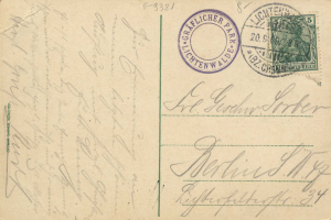 Alte Postkarte mit einer Briefmarke, die "Lichtenwald, Deutschland - Einschreiben nach Deutschland" lautet, mit handschriftlichem Text und zwei zusätzlichen Stempeln in der oberen rechten Ecke.