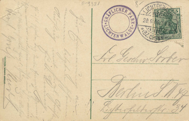 Alte Postkarte mit einer Briefmarke, die "Lichtenwald, Deutschland - Einschreiben nach Deutschland" lautet, mit handschriftlichem Text und zwei zusätzlichen Stempeln in der oberen rechten Ecke.