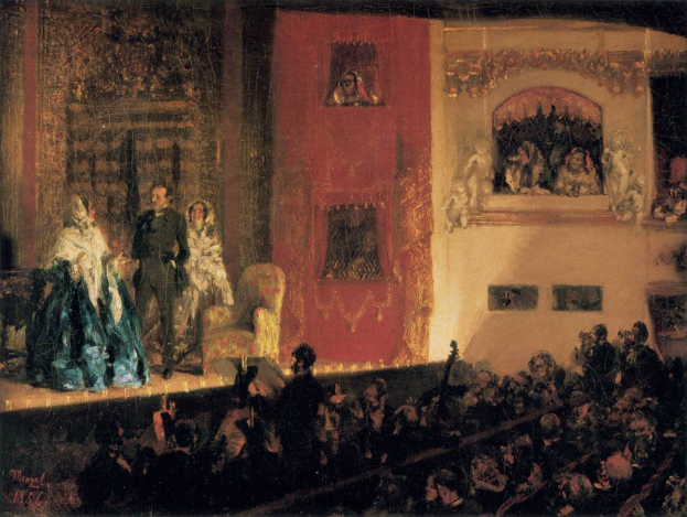 Gemälde namens 'Die Oper' (1856), das eine Gruppe auf der Bühne mit Instrumenten und sitzenden Figuren zeigt, während das Publikum unten zuschaut.